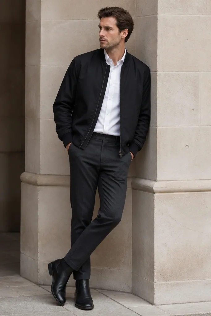 A man wearing a black bomber jacket over a formal white dress shirt with collar visible, paired with charcoal chinos and black leather Chelsea boots. The bomber has a matte finish and elastic cuffs.