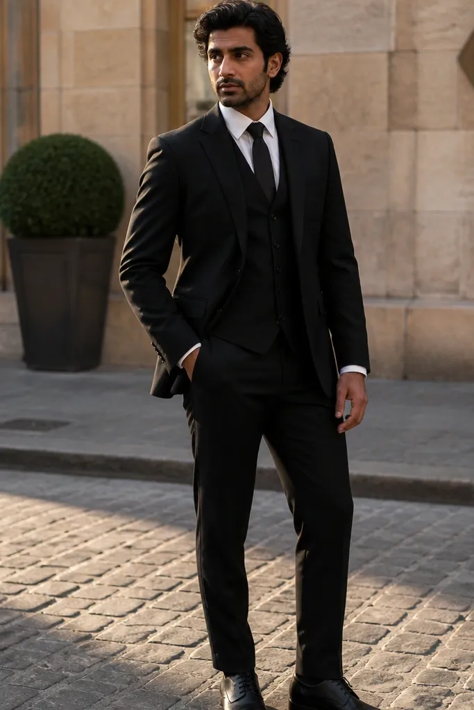 Matte black suit with white shirt, black tie, and black leather oxford shoes