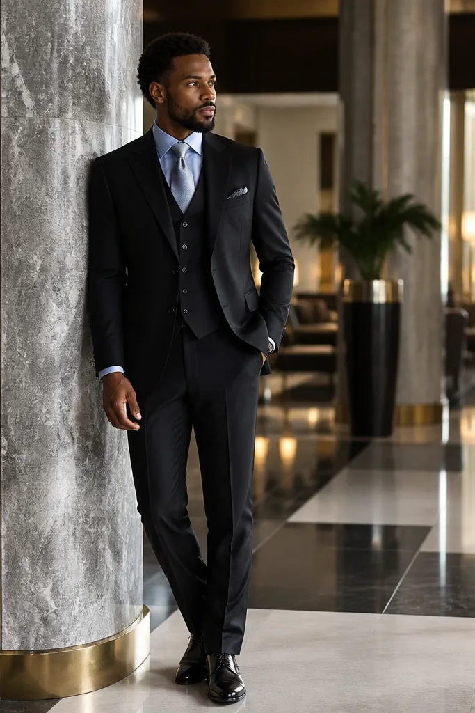 Black three-piece with peak lapels, light blue shirt, and silver tie
