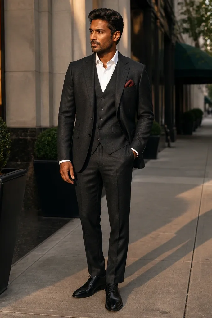 Black herringbone three-piece with white shirt and burgundy pocket square