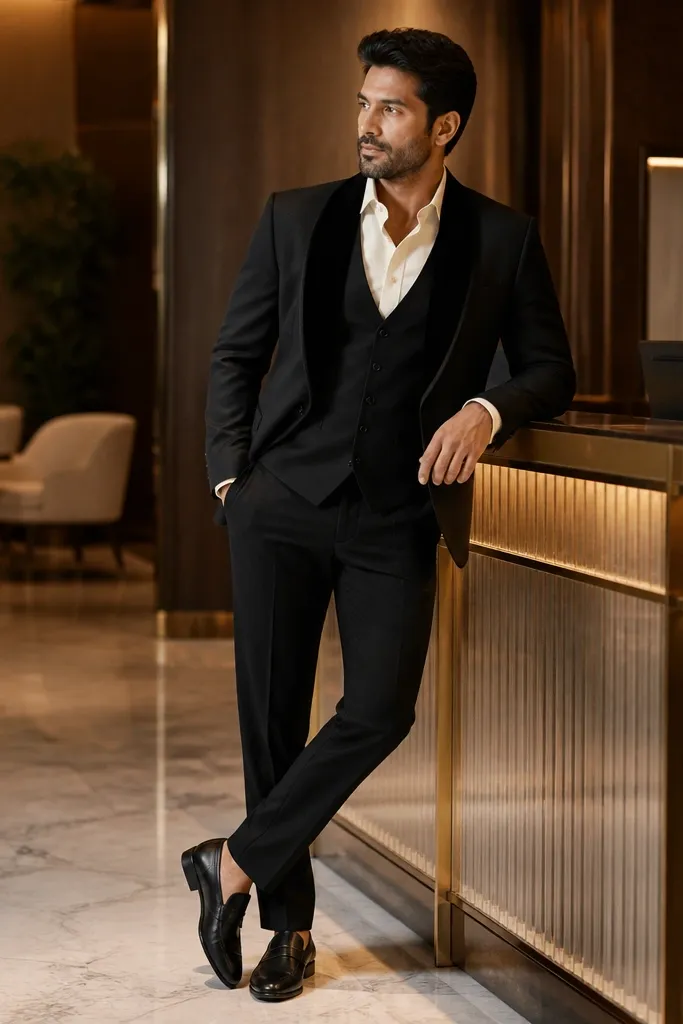 Black three-piece with velvet lapels, cream shirt, and black loafers
