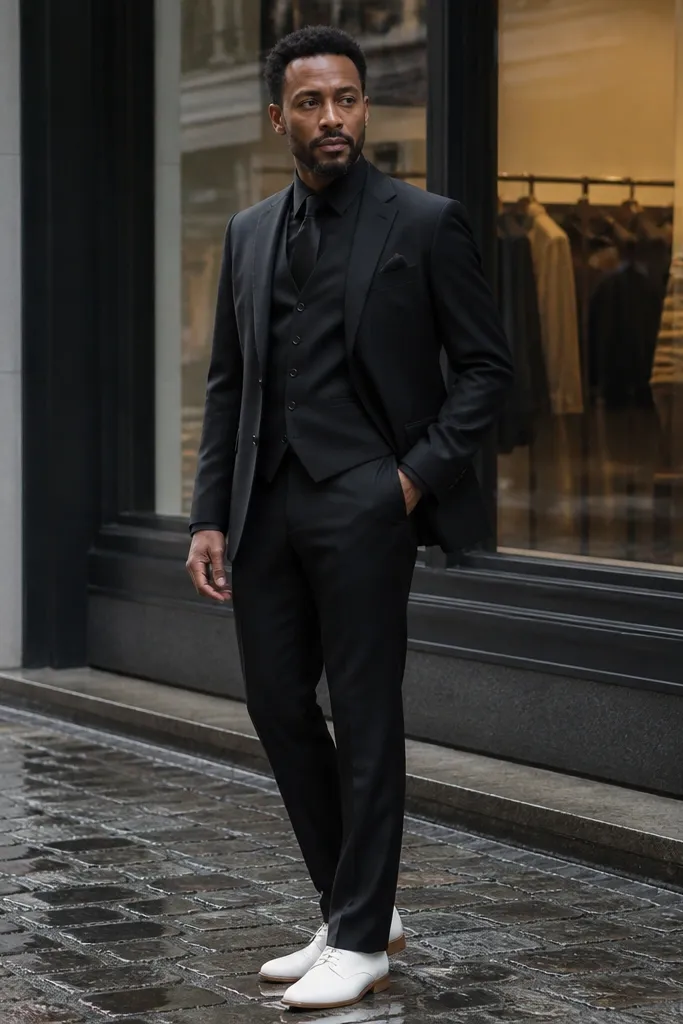 Black three-piece with black shirt and black tie plus shoes with white welt