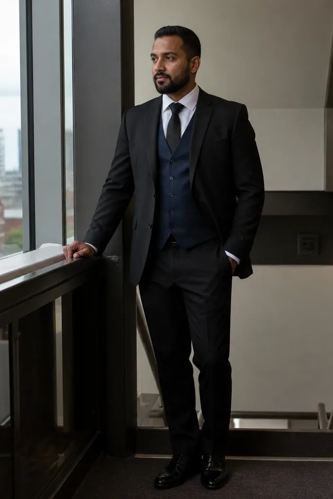 Black jacket with navy waistcoat, white shirt, and dark tie