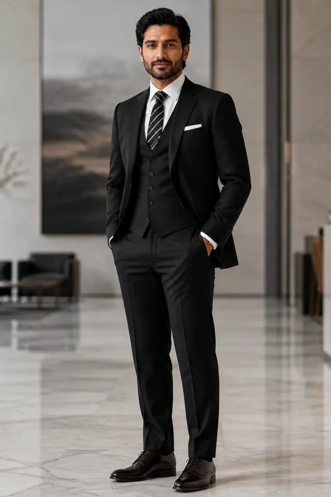 Black three-piece with white shirt and black-and-white striped tie