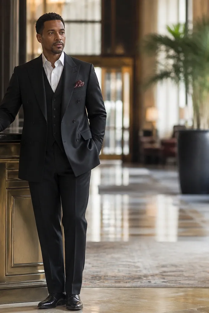 Black double-breasted three-piece with white shirt and folded pocket square
