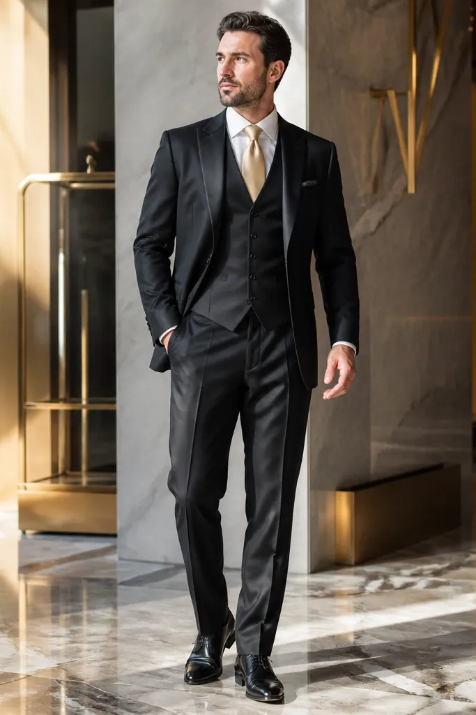 Black three-piece with satin stripe lapels and champagne tie
