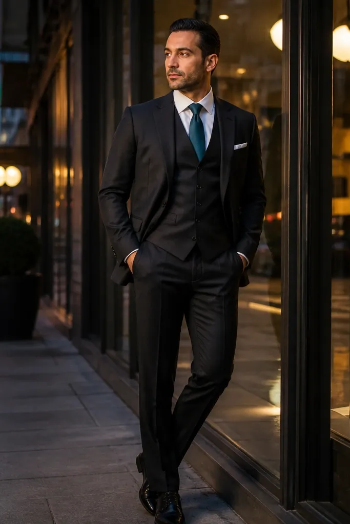 Black three-piece with teal tie and white pocket square
