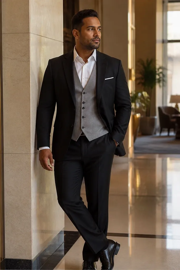 Black jacket with light grey waistcoat, white shirt, and dark tie
