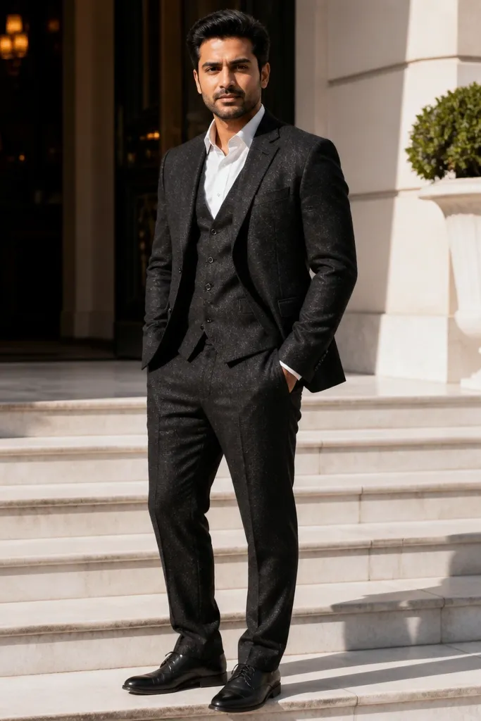 Black linen-blend three-piece with white shirt and no tie