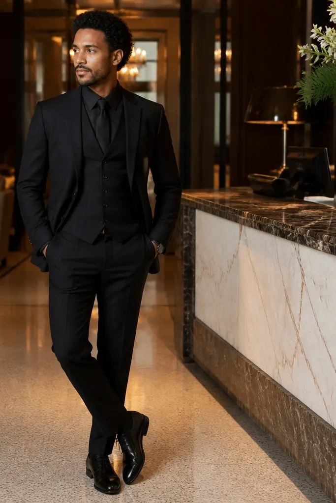 Black three-piece with black watch plaid shirt and solid black tie