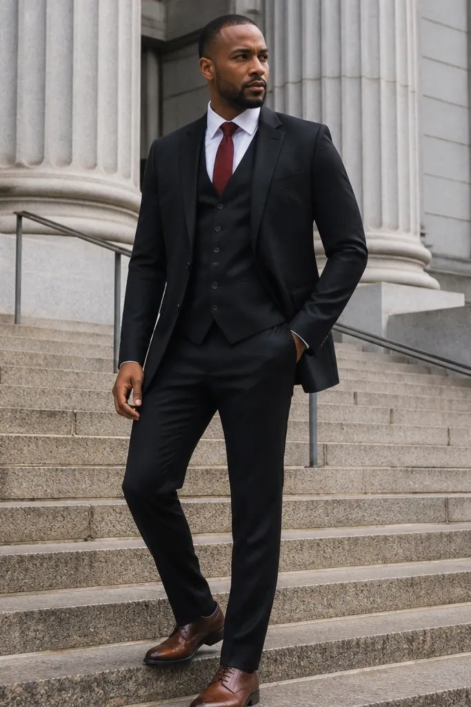 Black three-piece with white shirt, burgundy tie, and dark brown oxfords