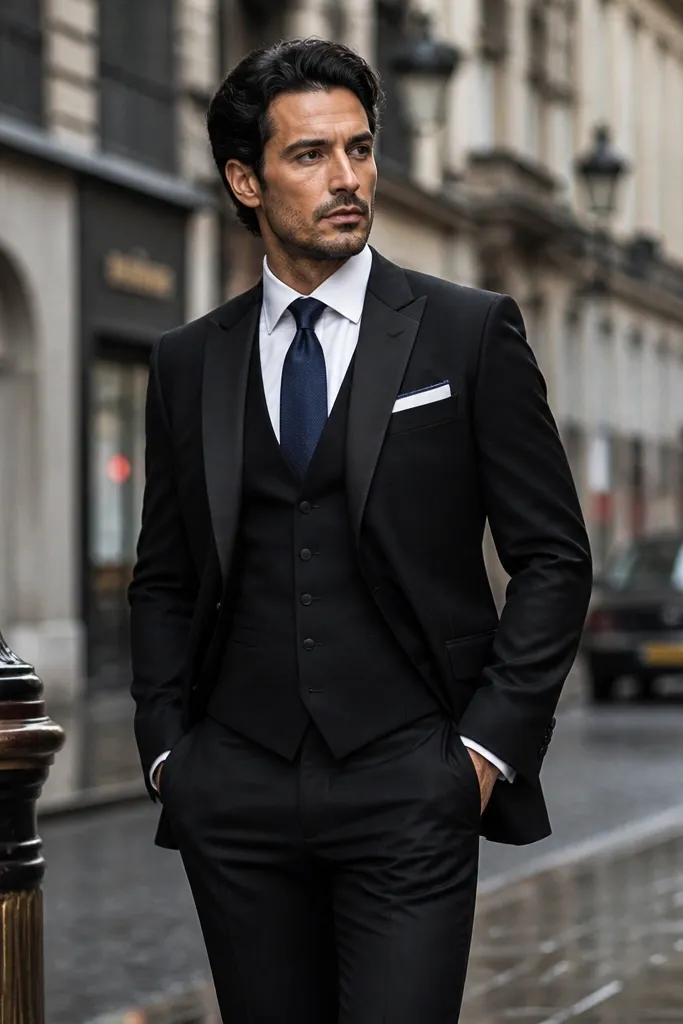 Black three-piece with navy tie and white pocket square with navy edge