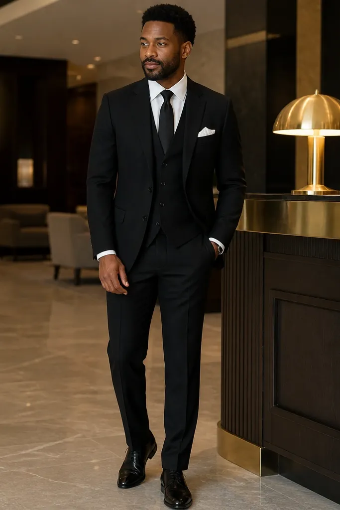 Black three-piece with satin black tie and white pocket square puff