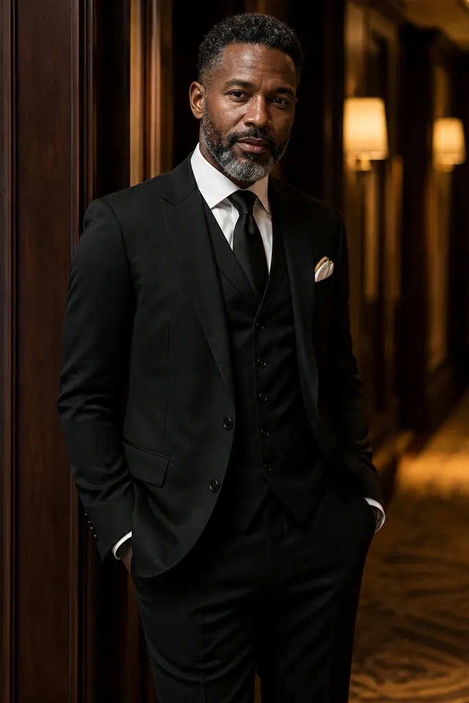 Black three-piece with off-white shirt and pocket square with gold detail
