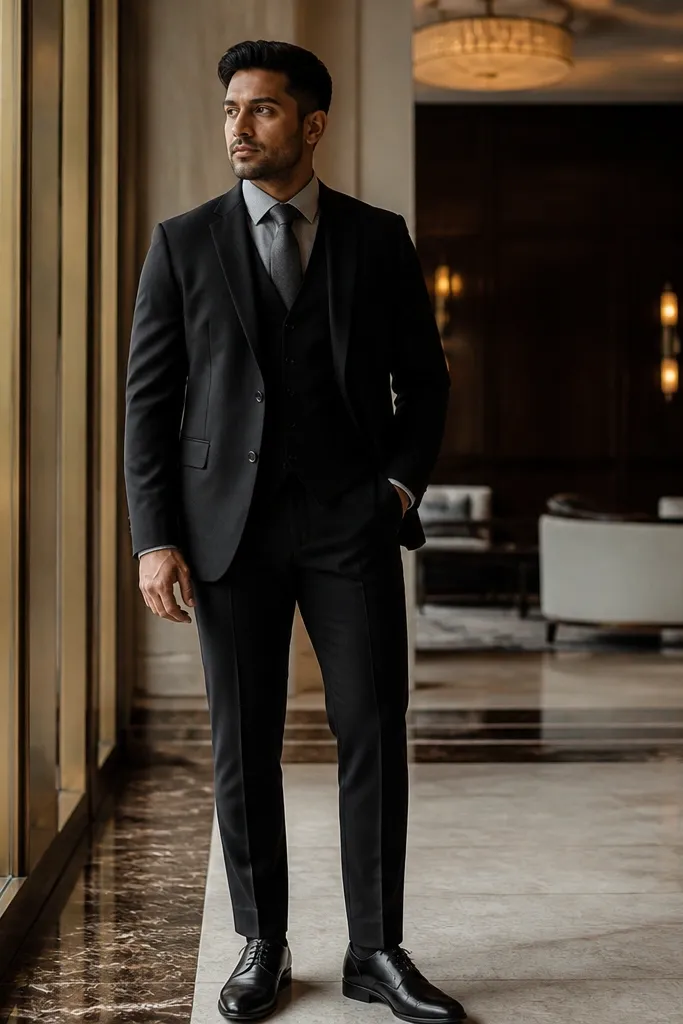 Black three-piece with grey tie and shirt with tiny micro pattern