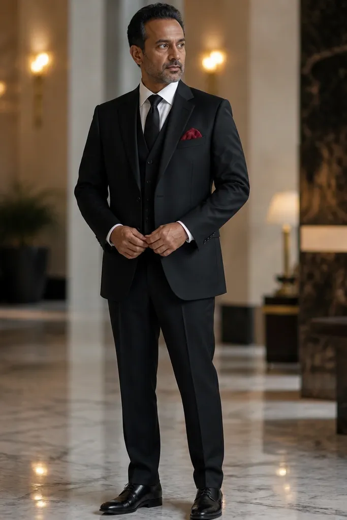 Black three-piece with white shirt, black tie, and red pocket square