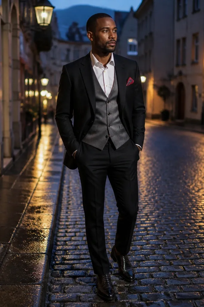 Black three-piece with gunmetal waistcoat, rose pocket square, and black brogue oxfords