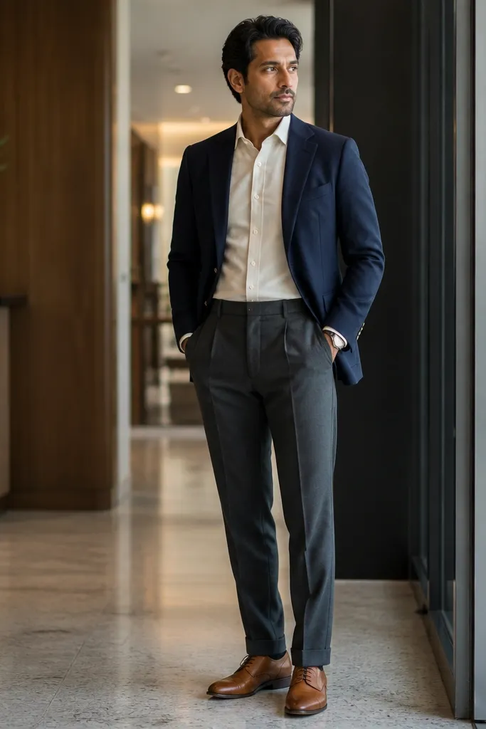 Navy blazer with ecru button-down and charcoal pleated trousers, black derby shoes.