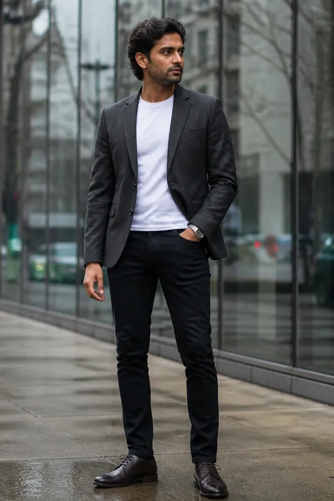 Charcoal blazer over a white tee with slim black jeans and dark Chelsea boots.