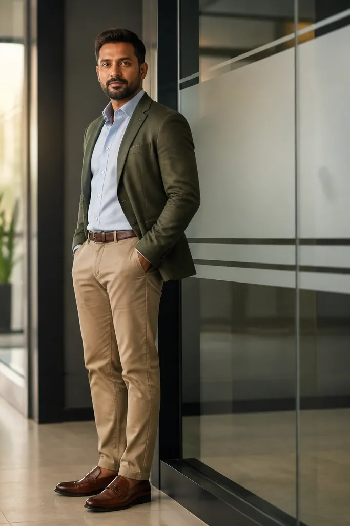 Olive blazer with light blue shirt, tan chinos, and brown loafers.