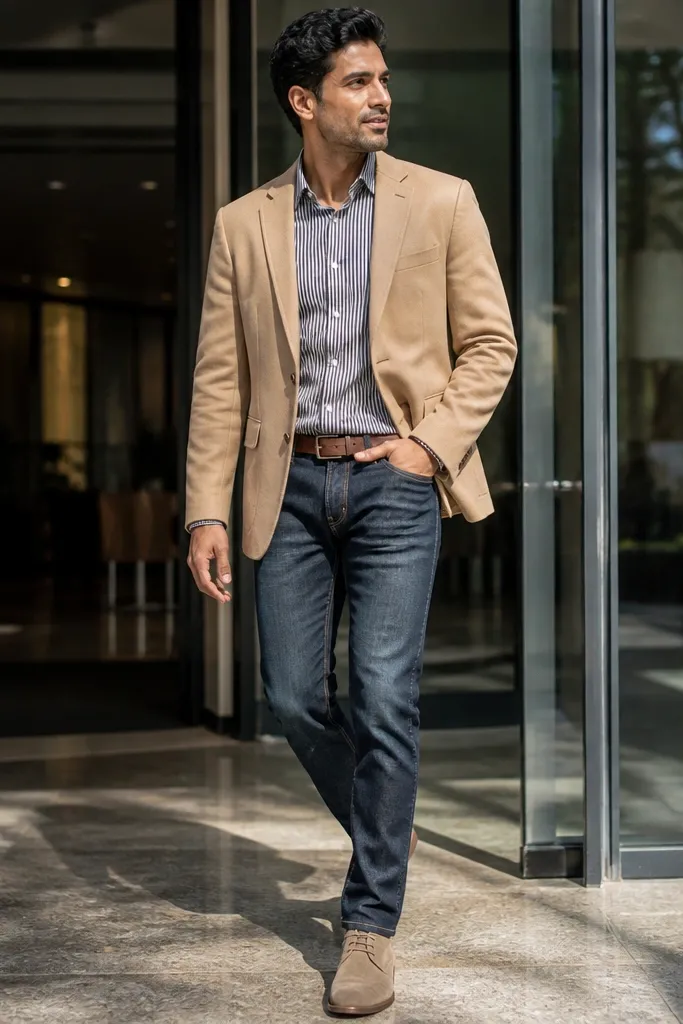 Camel blazer over a striped shirt with dark-wash jeans and suede chukkas.