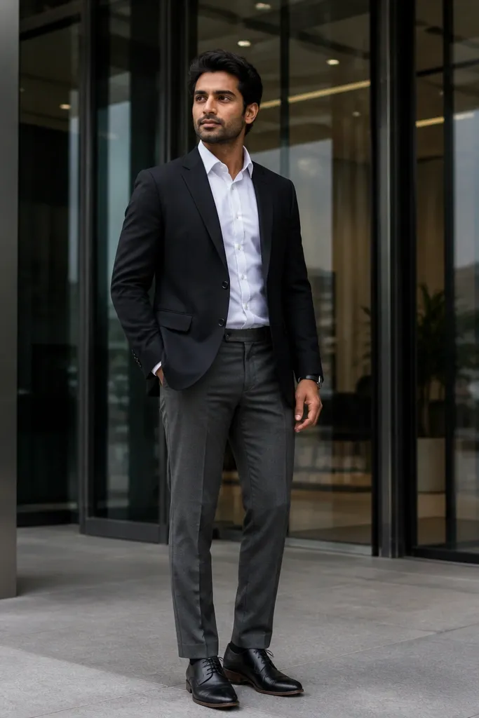 Black blazer with white shirt, grey wool trousers, and black lace-up shoes.
