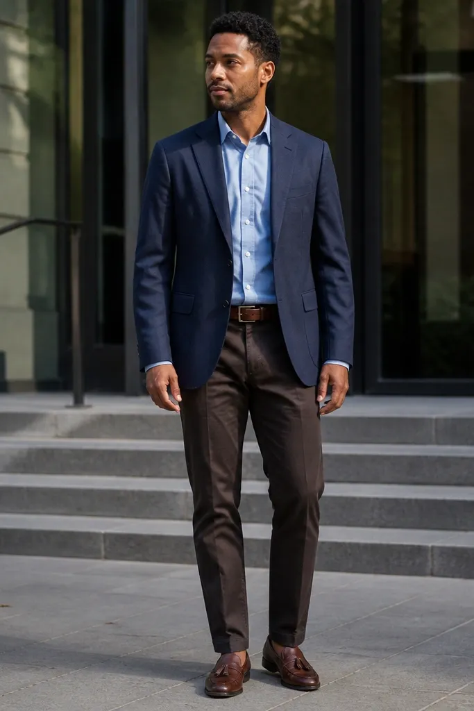 Navy blazer with chambray shirt, dark brown chinos, tassel loafers.