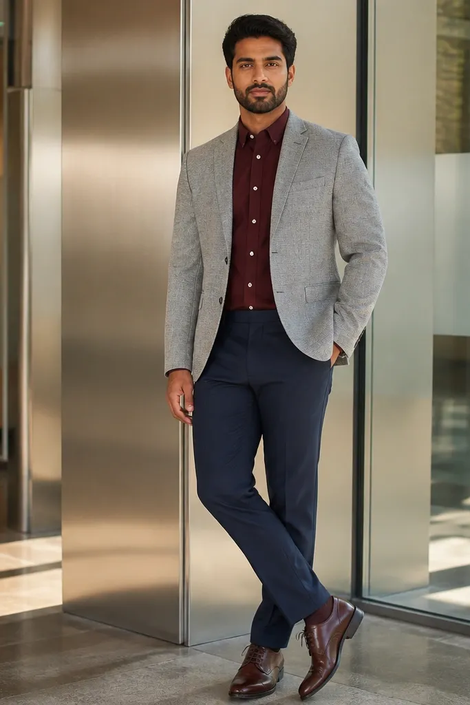 Light grey blazer with burgundy shirt, navy trousers, and oxblood derby shoes.