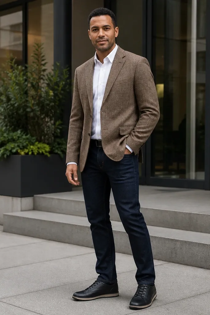 Brown blazer over white shirt with navy jeans and dark leather sneakers.