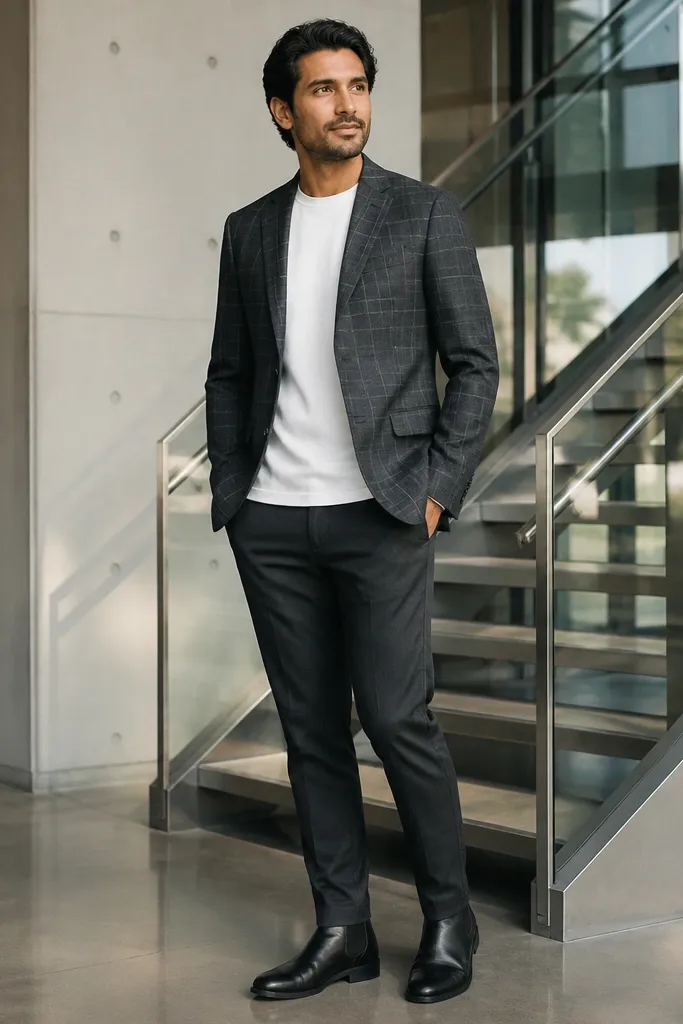Windowpane blazer over a solid tee with charcoal chinos and black boots.