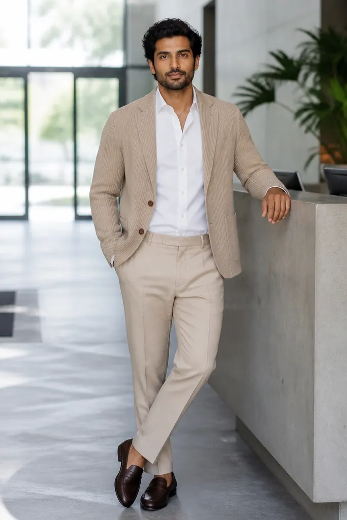 Ribbed knit blazer with oxford shirt, beige trousers, and leather loafers.
