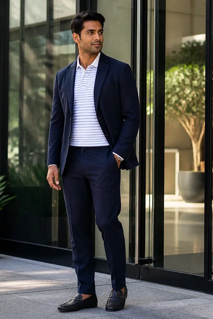 Navy blazer over a striped polo with navy trousers and leather drivers.