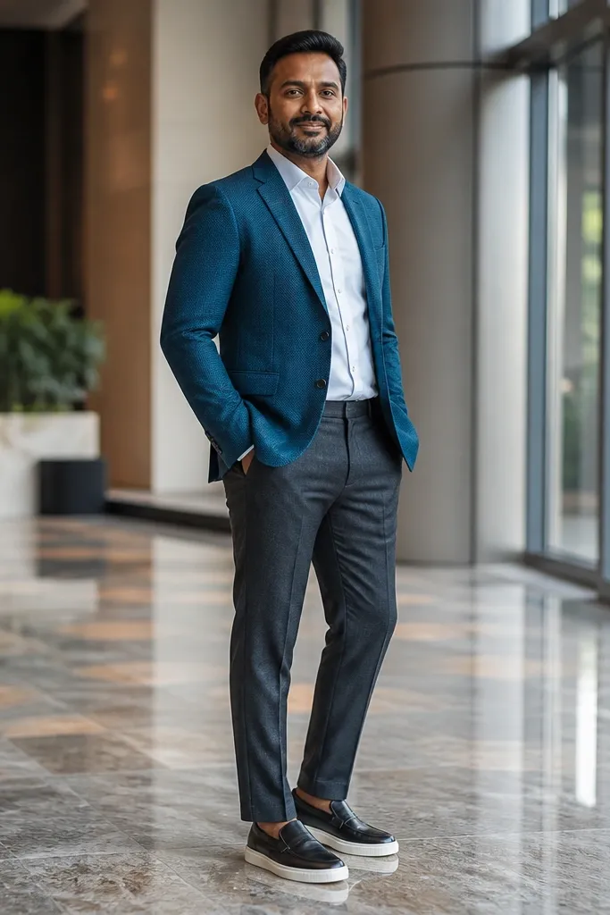 Teal blazer with white shirt, dark grey trousers, and loafers with white soles.