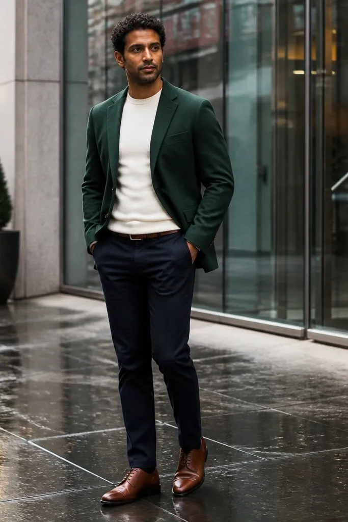 Forest green blazer over an off-white sweater with navy chinos and brown lace-ups.