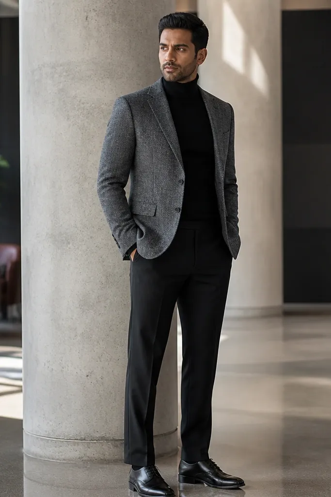 Grey herringbone blazer over a black turtleneck with black trousers and black derbies.