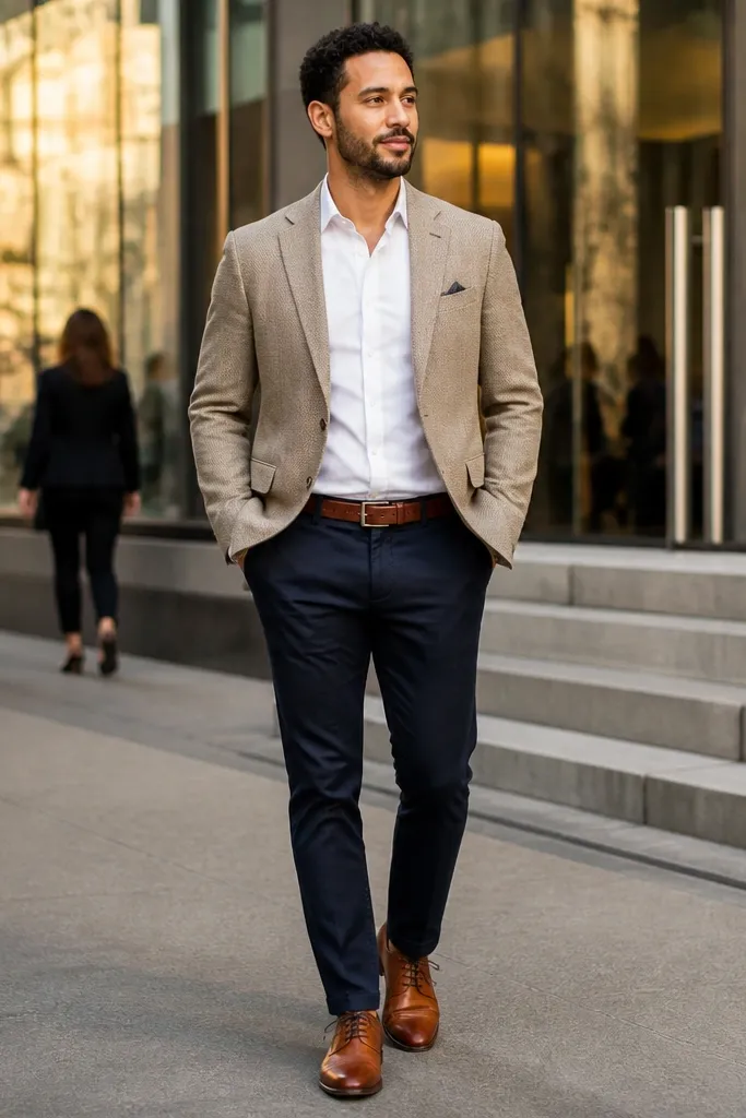 Tan blazer with white shirt, navy chinos, and cognac leather shoes with matching belt.