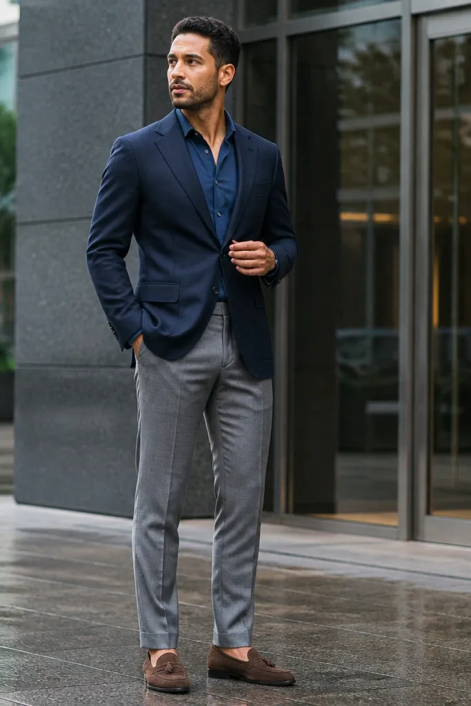 Navy blazer with dark blue shirt, light grey trousers, and suede loafers.