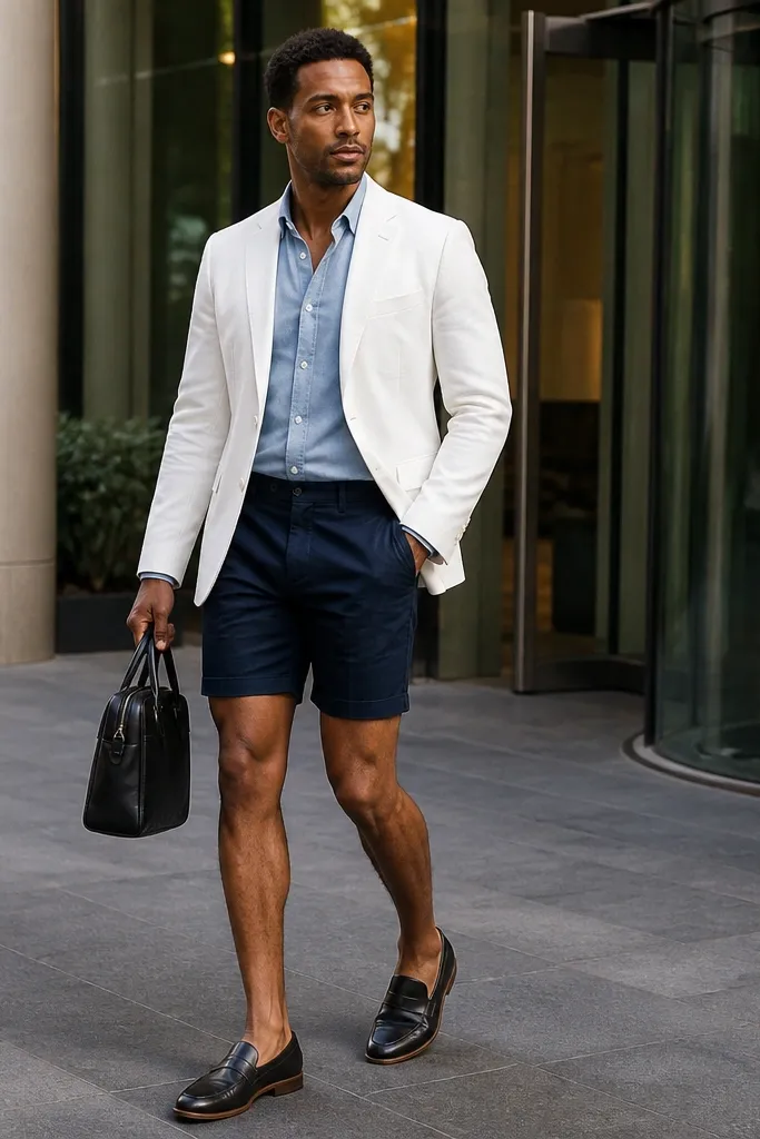White blazer with chambray shirt, navy tailored shorts, and brown loafers.