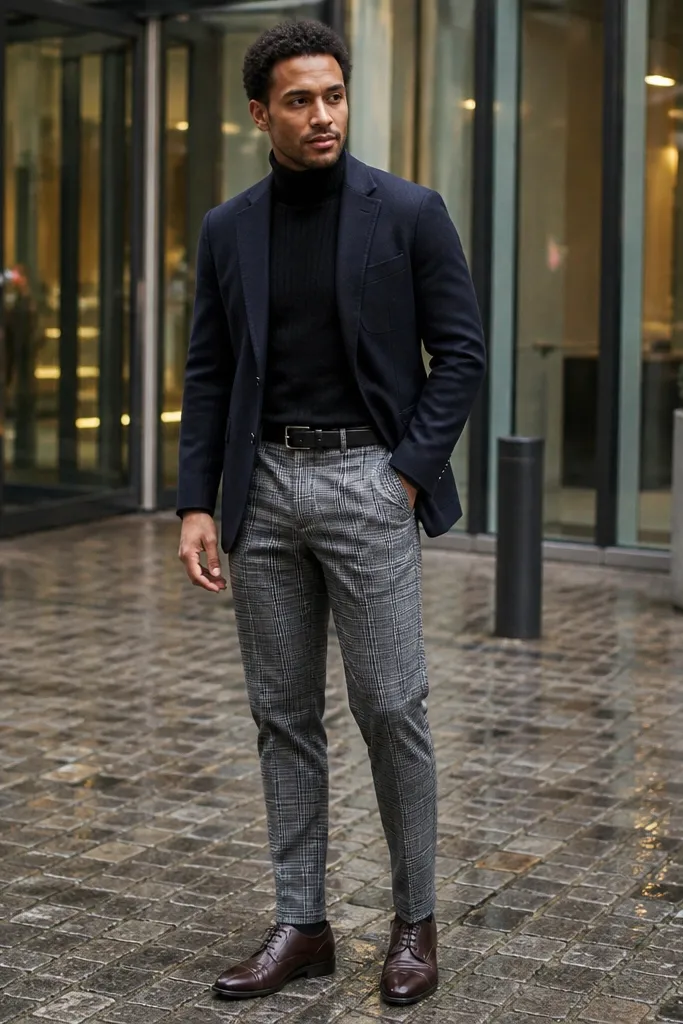 Navy blazer over a black roll-neck with grey check trousers and black shoes.