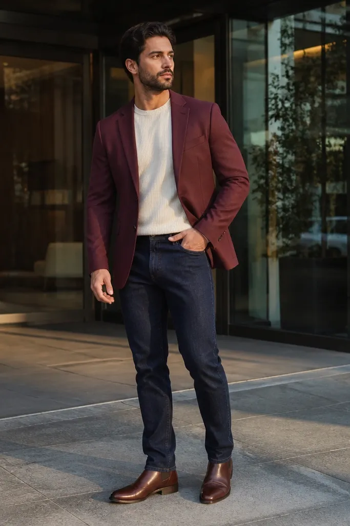 Burgundy blazer with cream knit shirt, dark indigo jeans, and brown boots.