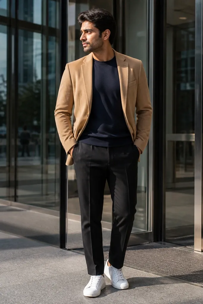 Tan blazer over a navy t-shirt, black trousers, and white sneakers.