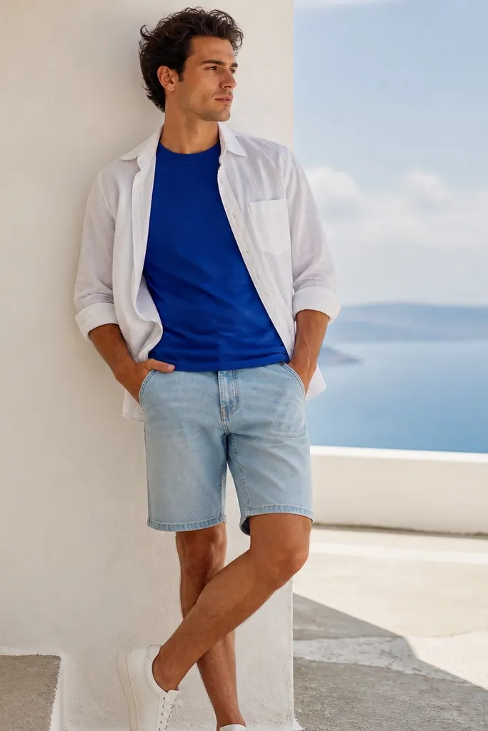 A cobalt blue crewneck t-shirt under a white linen overshirt worn open, with light blue denim shorts and white sneakers; the scene is bright and airy.