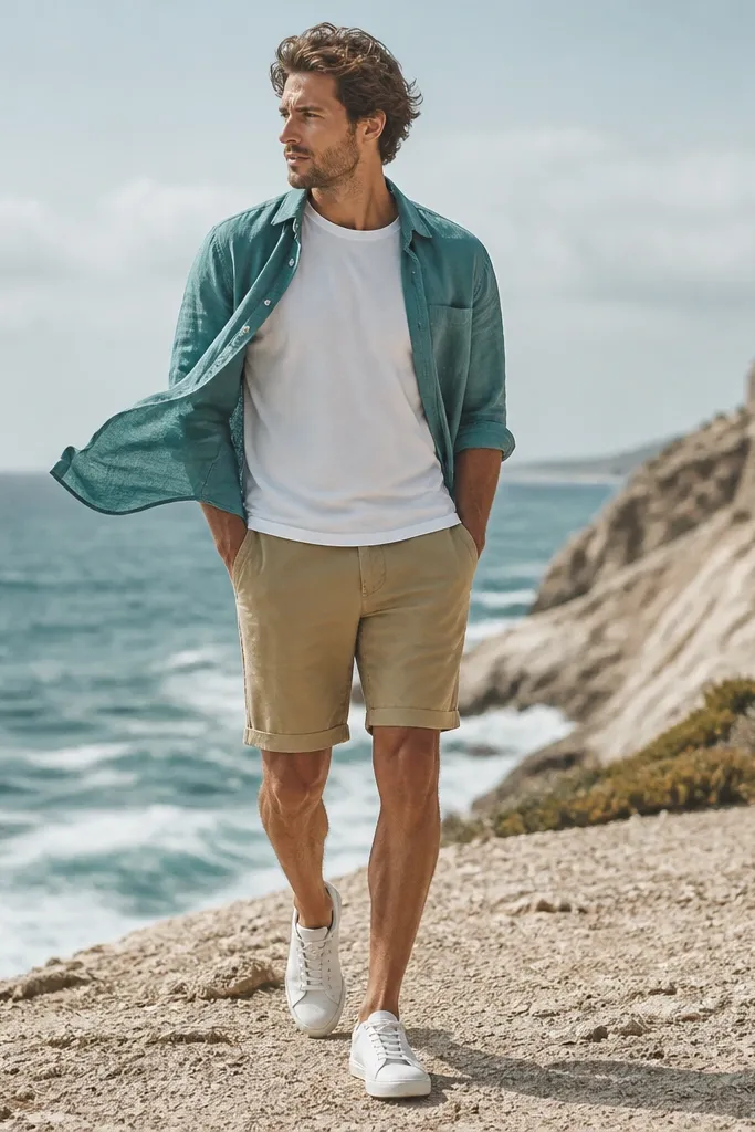 A teal lightweight overshirt worn open over a white tee, with khaki canvas shorts and white canvas sneakers; the image shows ocean breeze motion in the shirt.