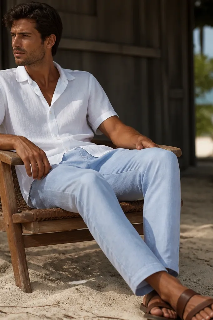 Light blue linen trousers worn with a white short-sleeve shirt and brown leather sandals; the model is seated outdoors with sand visible near the feet.
