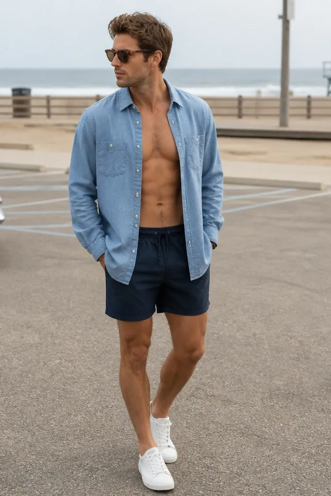 A blue chambray shirt jacket worn open over navy swim trunks, with sunglasses and white sneakers; the setting is a beach parking lot near a boardwalk.