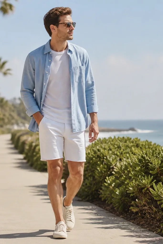 A powder blue overshirt worn over a white tee, paired with white denim shorts and light sneakers; the image shows a sunny sidewalk near the beach.