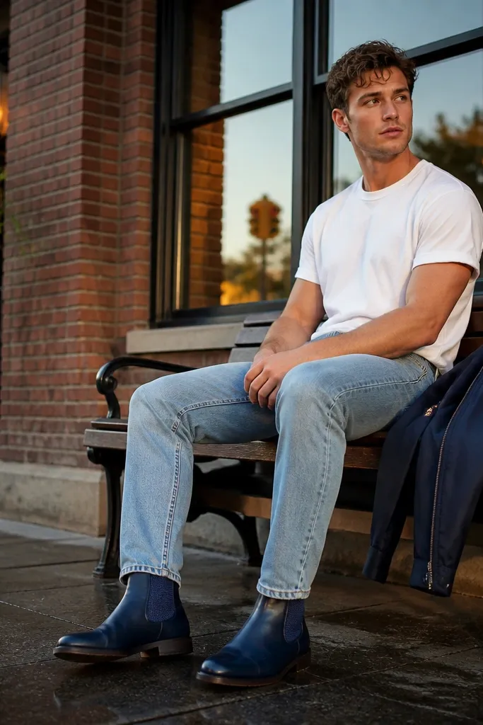 A man wearing a crisp washed white crew-neck T-shirt, slim light blue jeans with a slight taper, and a navy bomber jacket. Blue suede Chelsea boots sit under the jeans with a small break at the ankle.