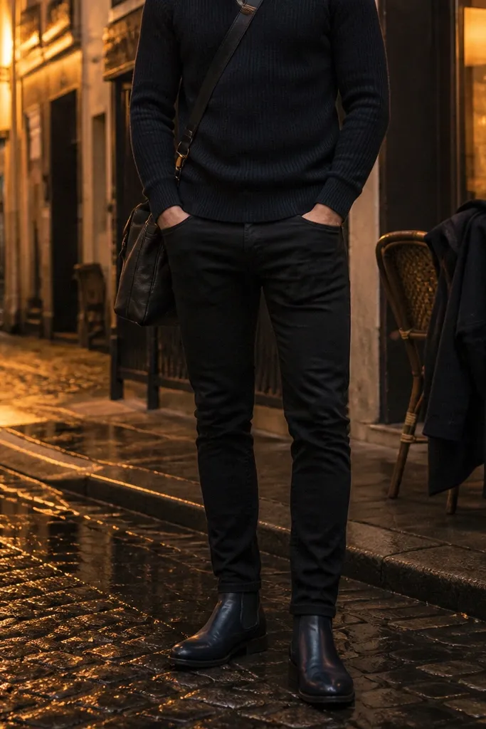 A man in a charcoal ribbed turtleneck sweater, black slim jeans, and a dark coat. He wears smooth blue Chelsea boots with a polished shine and minimal creasing.