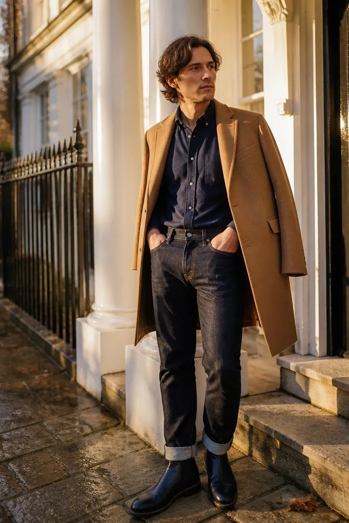 A man in a navy button-down Oxford shirt, dark indigo jeans rolled once at the hem, and a camel/tan overcoat. He wears blue Chelsea boots with visible suede texture.