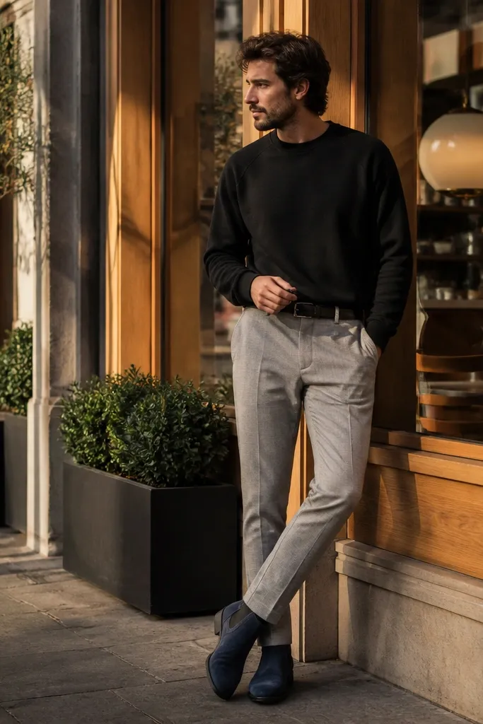 A man wearing a black crewneck sweatshirt, light grey tapered trousers, and a casual jacket. Blue suede Chelsea boots are paired with socks that match the grey pants.